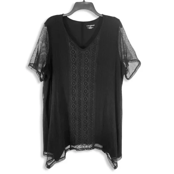 Catherines Top Womens 1X Black Lace Overlay Sharkbite Hem V-Neck Office Work - Picture 1 of 9
